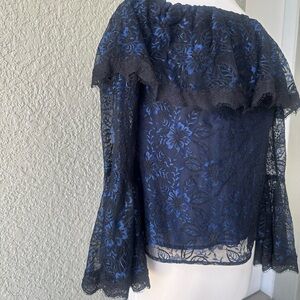 Beautiful Black and Blue Lace Off the Shoulder Top with Blue Lining. Sz 8. WHBM